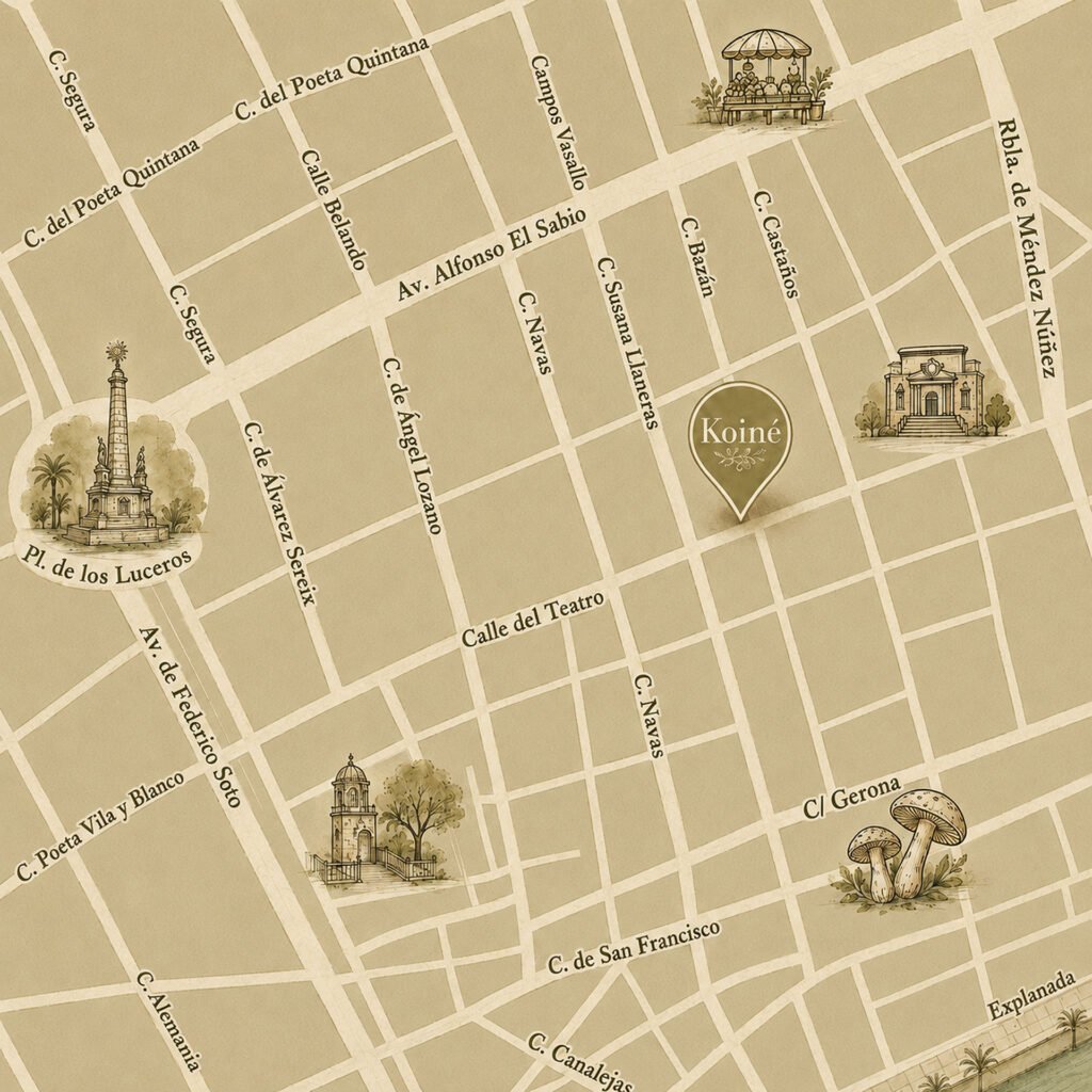 Ilustración del mapa de Alicante, con Koiné en el centro y los sitios emblemáticos que se pueden visitar.